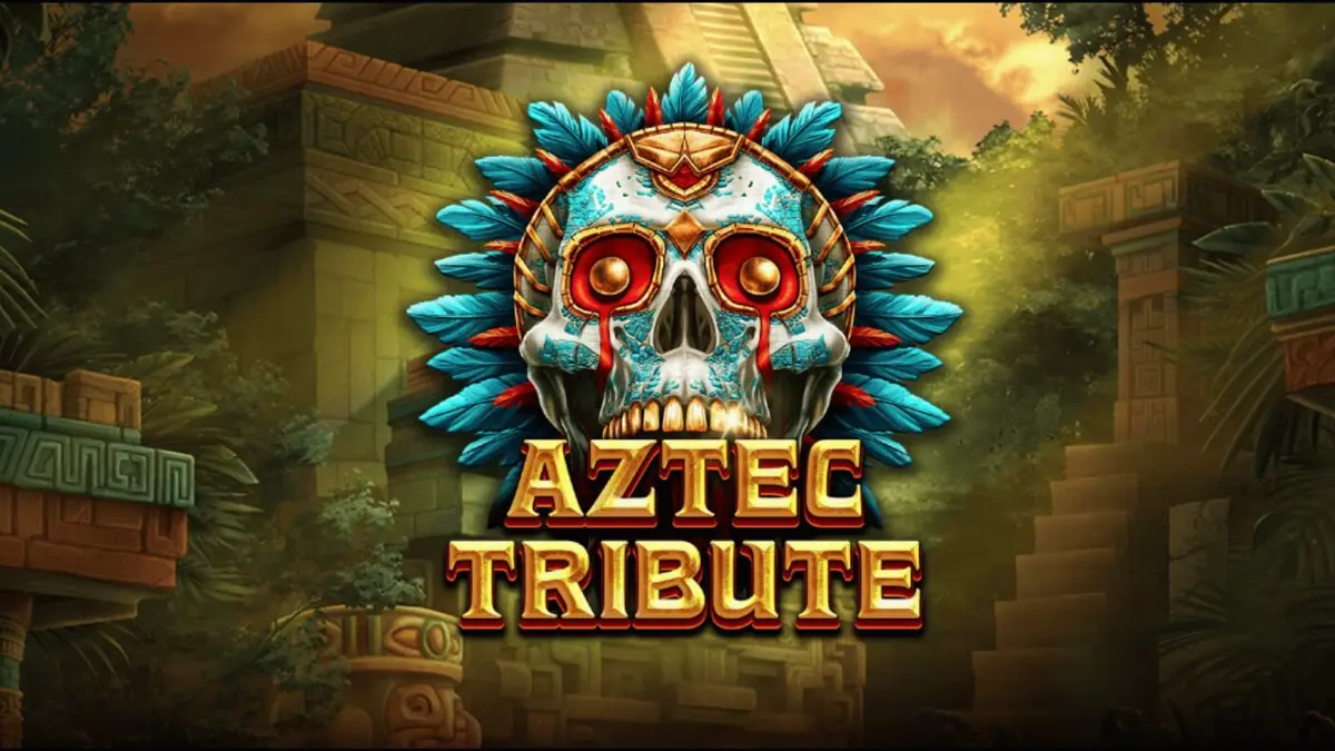 Pemandangan reruntuhan Aztec yang misterius dengan gulungan slot Aztec Tribute di tengah hutan.