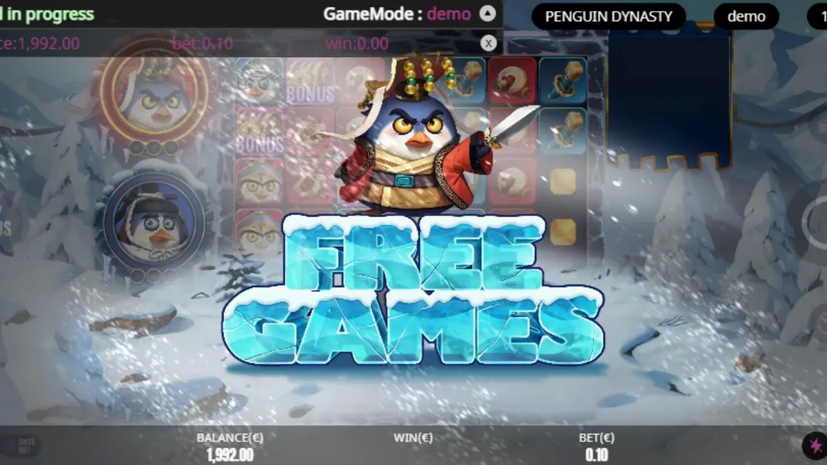 Tampilan visual slot Penguin Dynasty dengan latar belakang istana es dan karakter penguin kaisar.